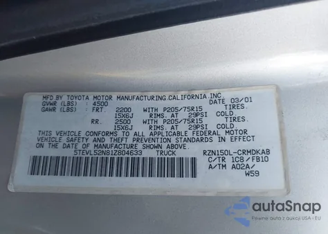 2001 Toyota Tacoma z USA, uszkodzony, nr VIN 5TEVL52N81Z804633